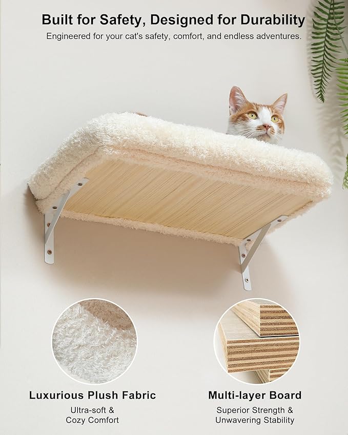 FUKUMARU Cat Wall Shelves Set, 70 inch Wall Mounted Tree, Beige | Kitten Scratching Post with Soft Cushion Perch, Space Saving Climbing Wall Furniture for 16 Inch Drywall - Image 3