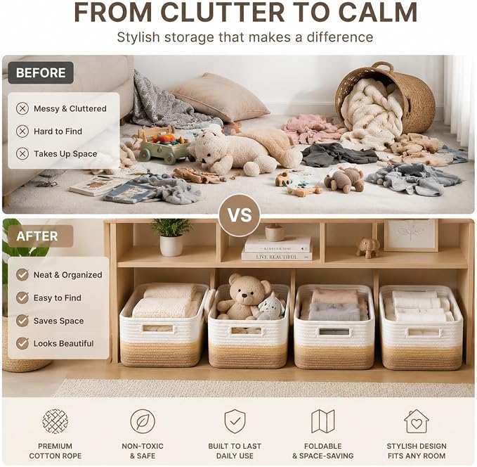 4 sets of hand-woven cotton rope storage boxes, suitable for toys, books, clothes, bathrooms, car trunks used for organizing decoration, Khaki color Two 16x14x7 in two 14x10x7in - Image 5
