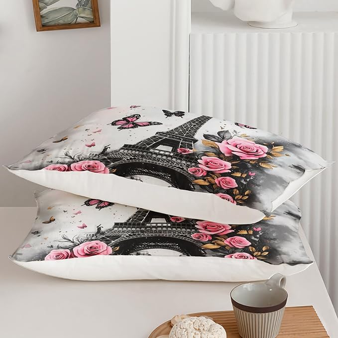AILONEN Vintage Eiffel Tower Duvet Cover Set for Bedroom Decor, Queen Size,Pink Rose Floral Butterfly Bedding Sets,Romantic Paris Vintage Comforter Cover with 2 Pillowcase,Soft Microfiber - Image 4