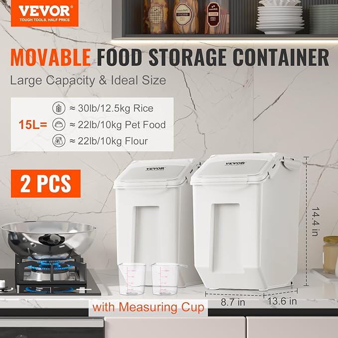 VEVOR Ingredient Storage Bin, 2 x 15L Dispenser Bin with 2 Measuring Cups, Attachable Casters and Airtight Lid, 2 Pcs/Set Dog Pet Food Storage Container, PP Material Kitchen Rice Cereal Flour Bin - Image 2