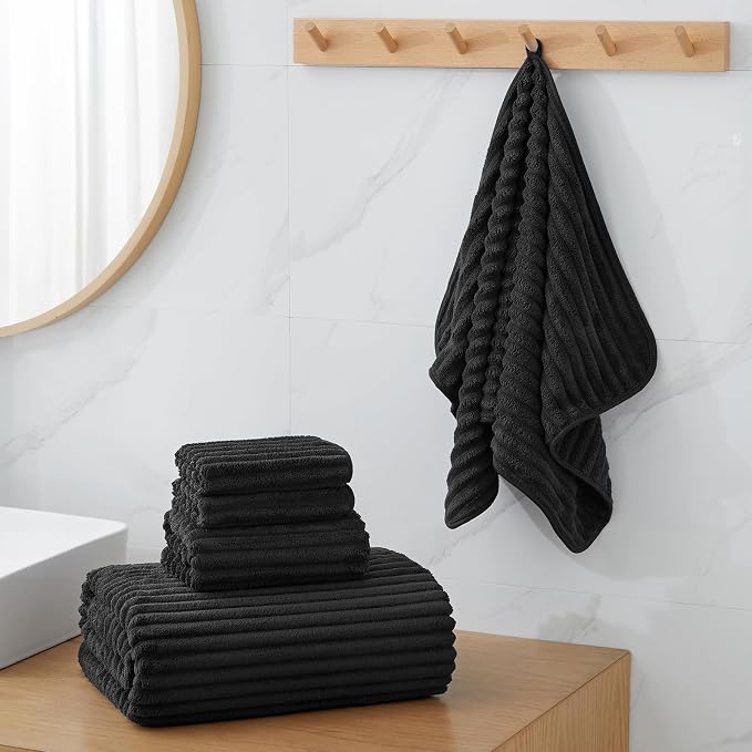 6 Piece Bath Towel Set, 40"x80" Oversized Bath Sheets, Black | Microfiber, Quick Dry, Highly Absorbent, Towels for Bathroom, 2 Extra Large Bath Towels, 2 Soft Hand Towels, 2 Washcloths - Image 2