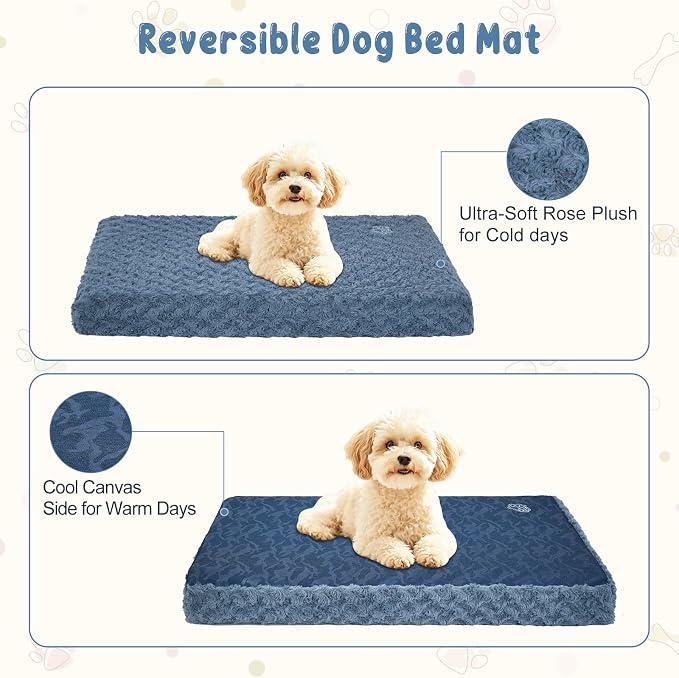 EMPSIGN Dog Bed Mat Crate Pad Mattress, Ultra Soft Pet Kennel, Navy, Small | Reversible(Cool & Warm), Waterproof Linings, Removable Machine Washable Cover, for 24" Dog Crate, Soft Rose Plush/Canvas - Image 3