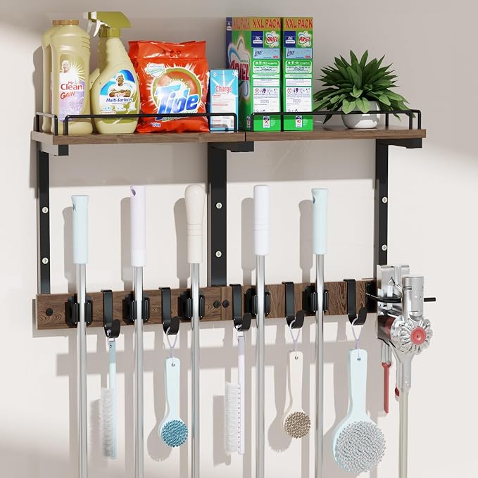 Mop Holder Wall Mount with Cleaning Supplies Organizer, Wood Mop and Broom Hanger Rack Organizer with Anti-Fall Wall Shelf with 5 Clips & Hooks for Garage Laundry Room Kitchen (Dark) - Image 8