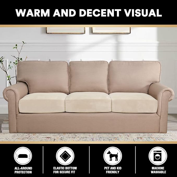 PrinceDeco Sectional Couch Cushion Covers 3 Pieces Velvet Separate Couch Cover Extra Large Stretch Sofa Slipcover Washable Furniture Protector for Sectional Sofa(Each Width Up to 40", Ivory) - Image 3