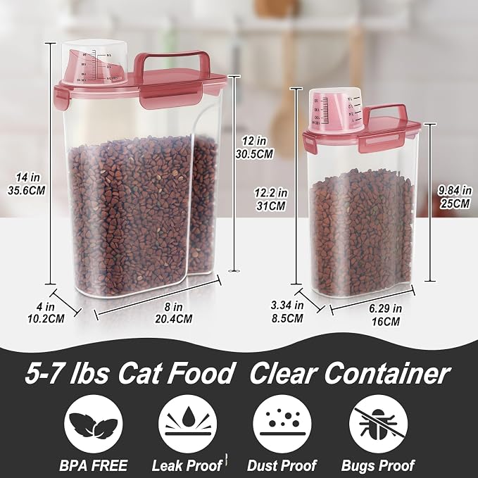 LEAWALK 2Pack Cat Dog Food Storage Container Upgraded Large Nozzle BPA-free, 3+5lbs Plastic Pet Food Containers, With 4 Sealed Clasps/1 Measuring Cup/Handle Easy Clean and Carry (Clear Pink) - Image 4