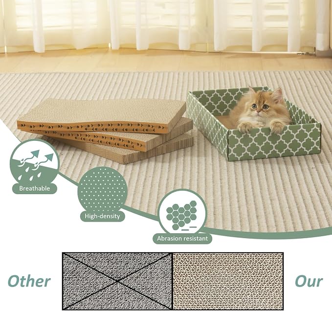 MECOOL Cat Scratching Board，3PC Scratch Pad with Box，Reversible Corrugated Scratcher Cardboard and Lounge Bed for Indoor Cats, Catnip - Image 5