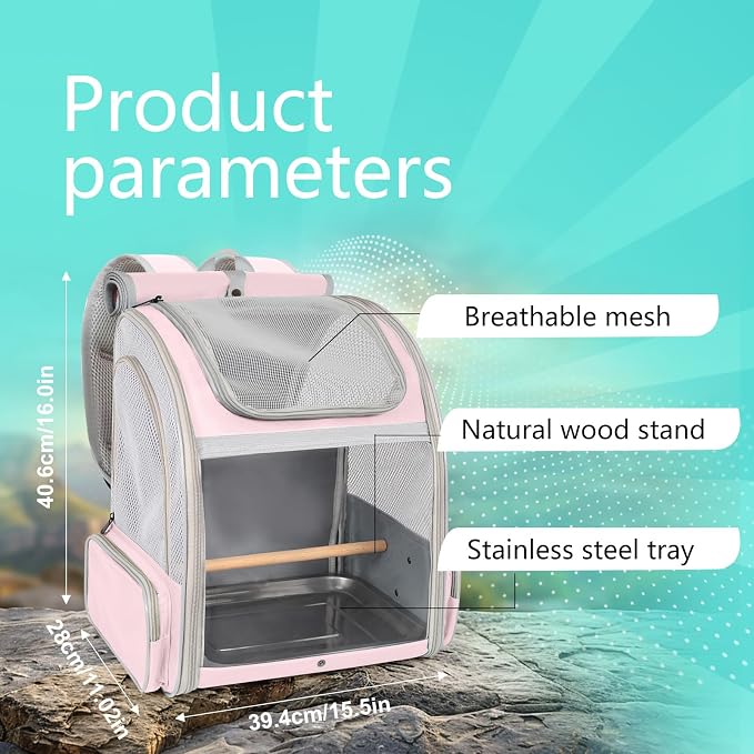 Bird Carrier Backpack for Small to Meidum Bird, Portable Travel Carrier Cage with Standing Perch and Metal Tray (Pink, Backpack Carrier) - Image 2