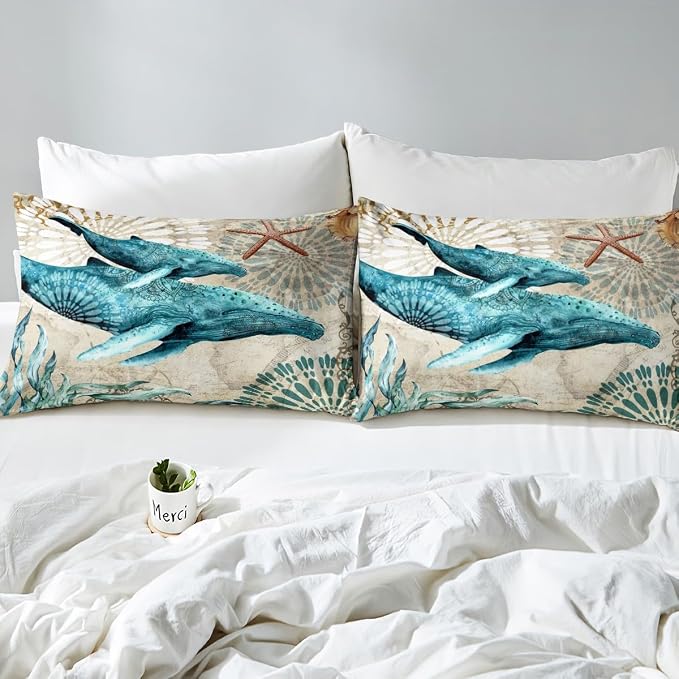 Erosebridal Ocean Whale Sheet Set Kids Boys Girls Nautical Bedding Children Coastal Sea Animal Bed Sheets Set, Marine Animal Theme Bed Set - 4Pcs (1 Fitted +1 Flat+2 Pillowcases),King,Teal Brown - Image 5