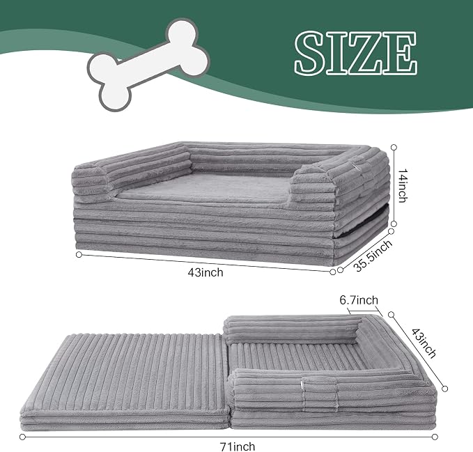 Human Dog Bed for Adults, Foldable Human Size Dog Bed | 2-in-1 Large Pet Sofa with Bolster, Orthopedic Egg Crate Foam, Calming Fluffy Pet Couch, Removable Cover, 71"x43"x10", Black - Image 7