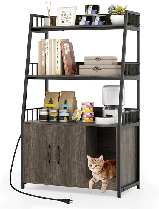 PETSITE Cat Litter Box Enclosure with Storage Shelves, 52 Inches Tall Hidden Litter Box with Charging Station, Scratching Board, and Winding Entry (Grey) by PETSITE