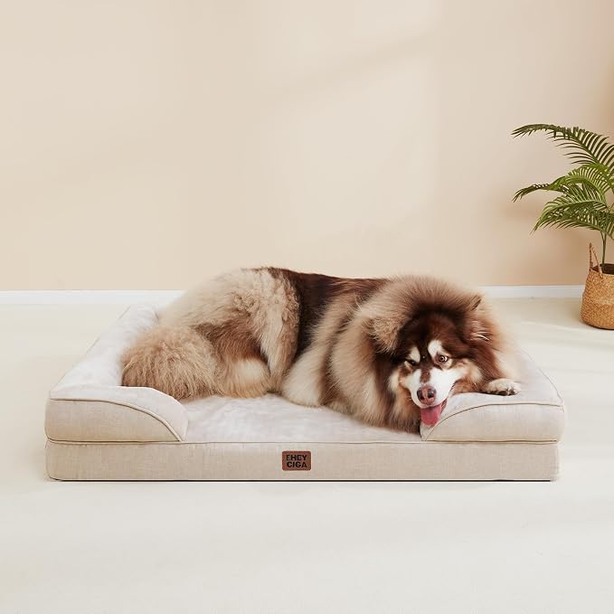 EHEYCIGA Orthopedic Dog Bed for Large Dogs, Waterproof Memory Foam, Non-Slip Bottom, Beige, 35"L x 22"W x 6.5"Th | Non-Slip Bottom and Egg-Crate Memory Foam Dog Couch Bed with Washable Removable Cover, Beige - Image 5