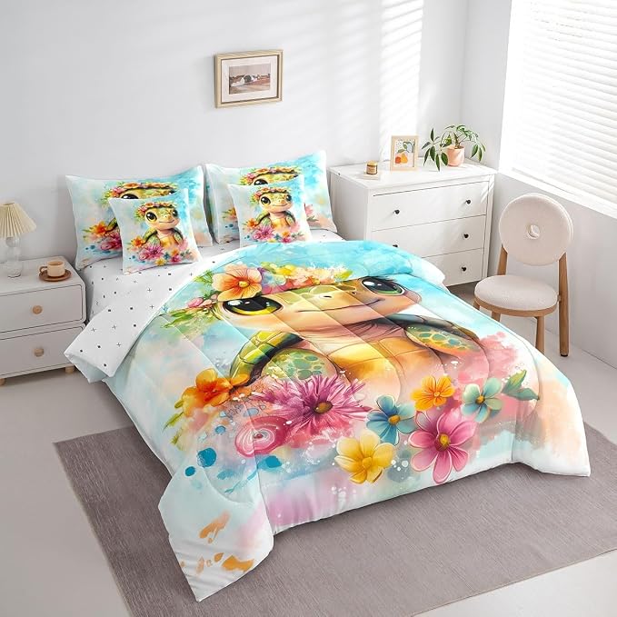 Erosebridal Kids Sea Turtle King Size 7-Piece Bedding Set, Marine Life Tortoise Bed in A Bag, Summer Blue Coastal Comforter Set with Sheets, Colourful Florals Bedding Comforter Sets - Image 2