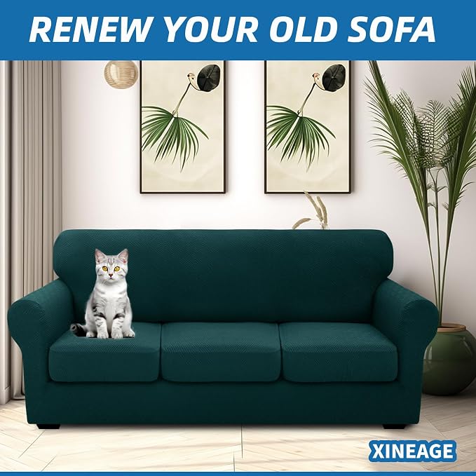 XINEAGE 2026 New 4 Pieces Couch Covers for 3 Cushion Couch Super Stretch Thick Soft Sofa Cover Anti Slip Sofa Slipcover Dogs Cats Furniture Protector (Blackish Green, 71"-91") - Image 4