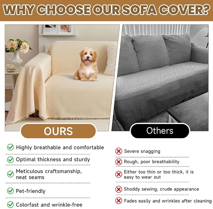 ROOMLIFE Boho Beige Couch Cover for Dogs, Washable Non Slip Furniture Protector Couch Sofa Covers for 3 Cushion Couch, Soft Breathable Sofa Slipcovers Couch Cover Throw Blanket with Tassels71''X118'' - Image 4