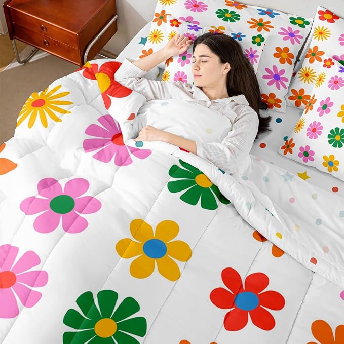 Feelyou Cute Flower 7 Piece Bedding Set Twin Size Colorful Flower Comforter Set with Sheets for Kids Boys Girls White Colorful Bed in a Bag Kawaii Theme Bed Set - Image 5