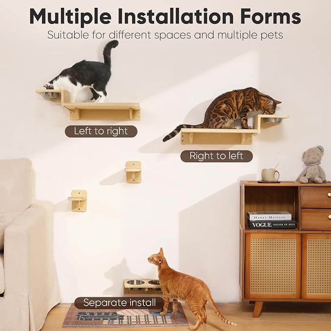 FUKUMARU Cat Wall Shelves, Food Station with 2 Steps | 3 in 1 Cats Walls Furniture Set, Birch Plywood Perch, Suitable for Kitten Play, Nap, Eat, DIY Wall Jungle Gym - Image 6