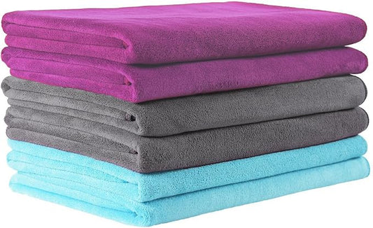 JML Microfiber Bath Towel Set, 27" x 55", 6 Pack, Purple/Grey/Light Blue | Extra Absorbent, Fast Drying, Lint Free, Fade Resistant, Hanging Loop, Multipurpose for Swimming, Fitness, Sport, Yoga by JML