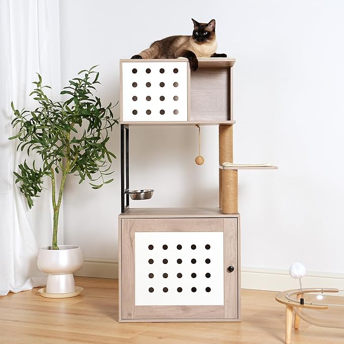 Cat Tree with Litter Box Enclosure, All-in-one Cat Tower for Indoor Cats with Large Hammock, Bed, Food Station, Scratching Posts, Modern Style Pet Furniture, Gray+White - Image 2