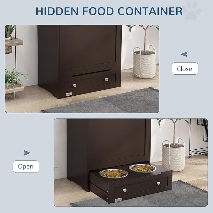 PawHut Dog Feeding Station with Raised Bowls, Pet Feeder Station, Brown | Dog Food Storage Cabinet, Hanger for Feeding & Watering Supplies - Image 5