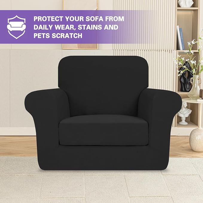 ZNSAYOTX 2 Piece Stretch Chair Covers (31"-46"), Thick Striped Armchair Slipcover with Elastic Band Bottom Ties Non-Slip Stay in Place, Soft Durable Arm Chair Covers for Living Room, Black - Image 3