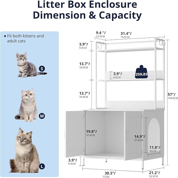 Cozy Castle Cat Litter Box Enclosure with Storage, 57'' Hidden Cat House Furniture, Wooden Cat Cabinet with Shelves & 4 S-Hooks, Indoor Cat Litter Box Organizer, White - Image 2