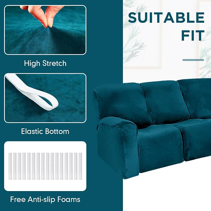 Peryiter 7 Pcs L Shape Sectional Recliner Sofa Covers 5 Seat Sectional Couch Covers Milk Silk Velvet Stretch Reclining Sofa Slipcover Furniture Protector for Living Room(Deep Teal,Velvet) - Image 6