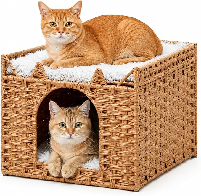 Cat Bed with Ears - Handwoven Rattan Cat Cave House for Indoor Kittens, Foldable Hideaway with 2 Removable Cushions, 16.5x16.5x13.2 Inch Natural Pet Cube for Living Room/Bedroom Natural by MAKEPETLUCKY-WelcometoCatTunnelClub