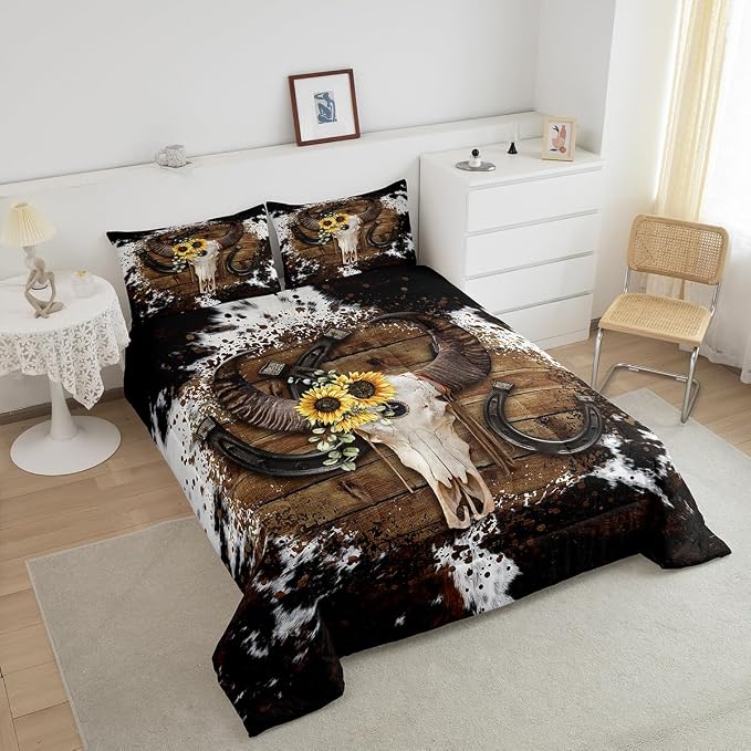 Cow Skull Kids Comforter Set Twin Size,Cow Fur Wooden Plank Farmhouse Bedding for Boys Girls Men Room Decor,Cowboy Horseshoe Sunflower Down Comforter,White Brown Rustic Duvet Insert,1 Pillowcase - Image 3
