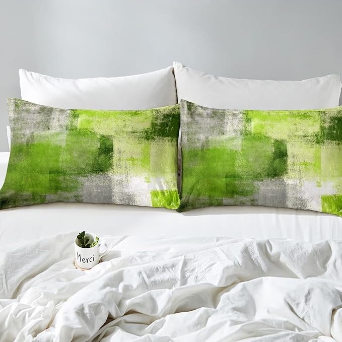 Erosebridal Summer Watercolor Bed Sheets Set for Kids Boys Girls,Green Grey Sheet Set King,Mid Century Sheets,Abstract Oil Painting Ombre Art Flat Fitted Sheet with 2 Pillowcases Deep Pockets - Image 5