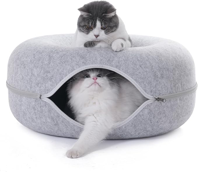 Large Cat Tunnel Bed for Indoor Cats with 3 Toys, Scratch Resistant Donut Cat Bed, Up to 30 Lbs (L 24x24x11, Light Grey) - Image 2