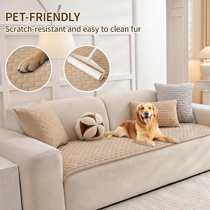 Warmstar Waterproof Couch Cover for Dogs Washable,Brick Pattern Short Plush Pet Couch Covers for Sofa,Soft Sofa Cover Non-Slip for 3 Cushion Couch Sofa Pet Friendly (Khaki, 27.6" x 59") - Image 3