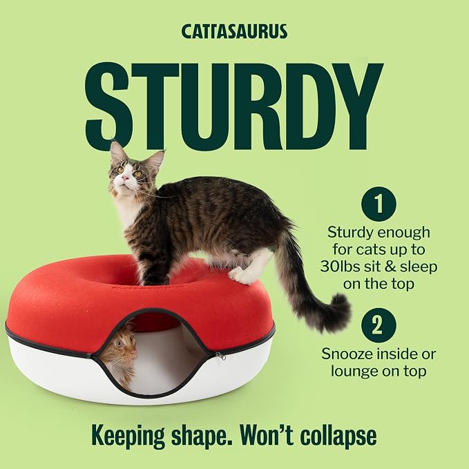 Cattasaurus Peekaboo Cat Cave, Extra Spacious for Multiple & Large Cats 12+ lbs, Scratch Detachable Cat Beds for Indoor Cats, Washable Tunnel Bed, Comfy Donut Tunnel (Ruby Snowball, Jumbo) - Image 4