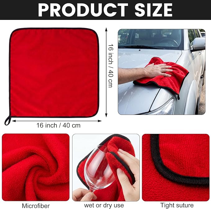 Tallew 60 Pcs Red Microfiber Towels: 16"x16" Microfiber Drying Towels Bulk Micro Fiber Car Cleaning Cloth for Cars Drying Washing Polishing Cleaning Household Supplies - Image 4