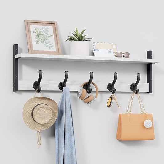 Tatub 29" Coat Rack Wall Mount with Shelf, Entryway Wall Hooks with Shelf, Coat Hangers for Bathroom, Living Room, Bedroom, Rustic White by Tatub