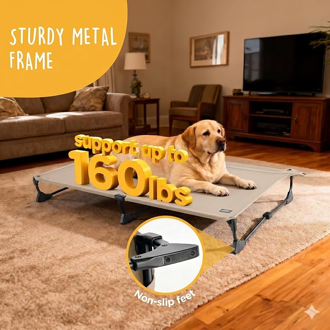 CANINE CANYON Upgraded Non-Slip Daisy Cot, XL Foldable Elevated Dog Bed, Portable Raised Outdoor Folding Dog Cot for Camping/Home, Chew Proof Waterproof Heavy Duty Up to 160 Lbs, Brown, 49"x 33" - Image 4