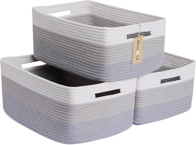 MiniArk Large Storage Baskets for Shelves, 17 x 13 x 7.5” Closet Organizers Bins for Clothes Blanket Towels, Baby Nursery, Toy Baskets Box, Woven Rope Baskets, 3 Packs Gradient Grey by MiniArkStorageBasketsHome