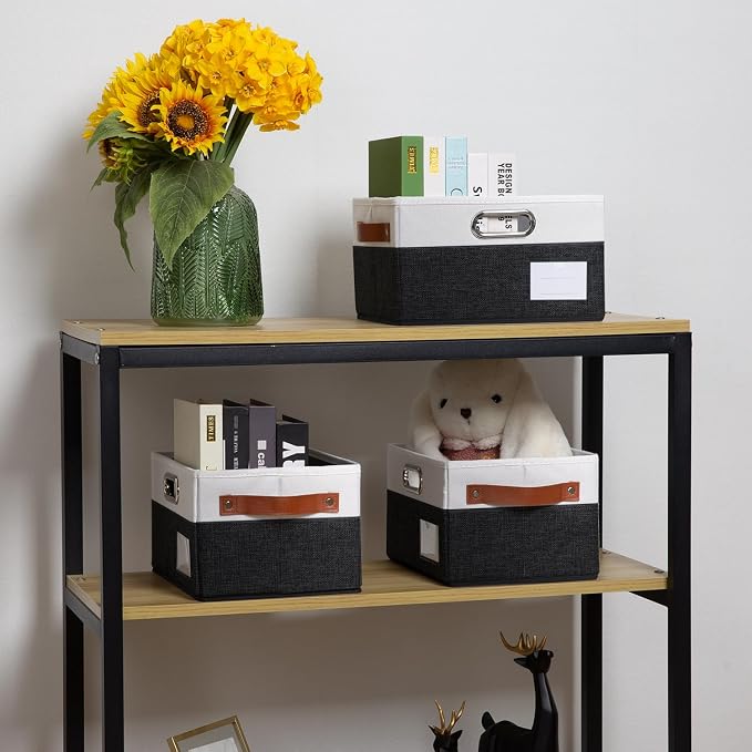 PRANDOM Foldable Storage Bins with Handles [3-Pack] Fabric Collapsible Storage Boxes Baskets Cubes Containers with Handles for Closet Living Room Bedroom (Black & White 11.5x8.5x6.7'') - Image 2