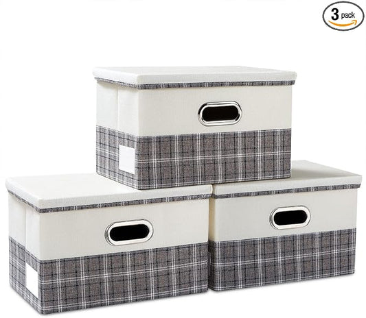 PRANDOM Collapsible Storage Bin with Lid [3-Pack] Fabric Foldable Storage Box Organizer Container Basket Cube with Cover for Home Bedroom Closet Office Nursery Gray plaid & Cream(14.9x9.8x9.8) by Prandom