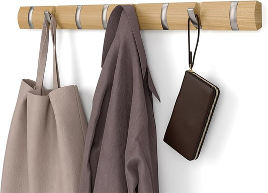 Umbra Flip Coat Rack, Wall Mount 8-Hook, Space Saving, Natural/Nickel | Real wood and steel build, retractable hooks fold flat, holds coats bags and scarves, easy install by Umbra