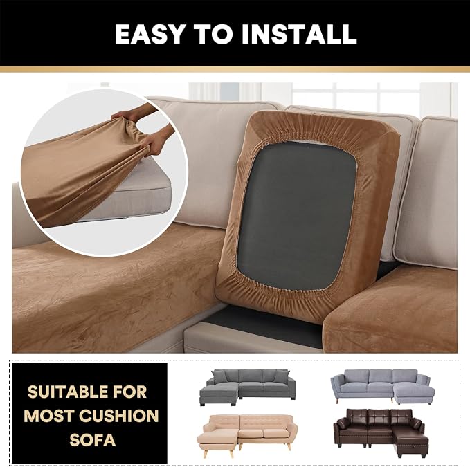 PrinceDeco Sectional Couch Covers 3 Pieces Velvet Sofa Covers L Shape Soft Couch Covers for Sectional Sofa Corner Sofa Cover Couch Cover for Dogs Washable (2 Seater + 1 Chaise,Camel) - Image 6