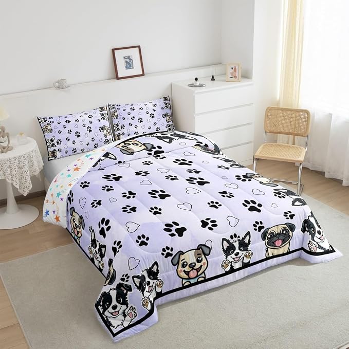Manfei Cute Dog Paw Adults Comforter Set,Cartoon Puppy Pet Animal Lover Purple Bedding Set All Season,Kawaii Dogs Footprint Love Hearts Comforter 3 Pcs with 2 Pillowcases,King Size - Image 4