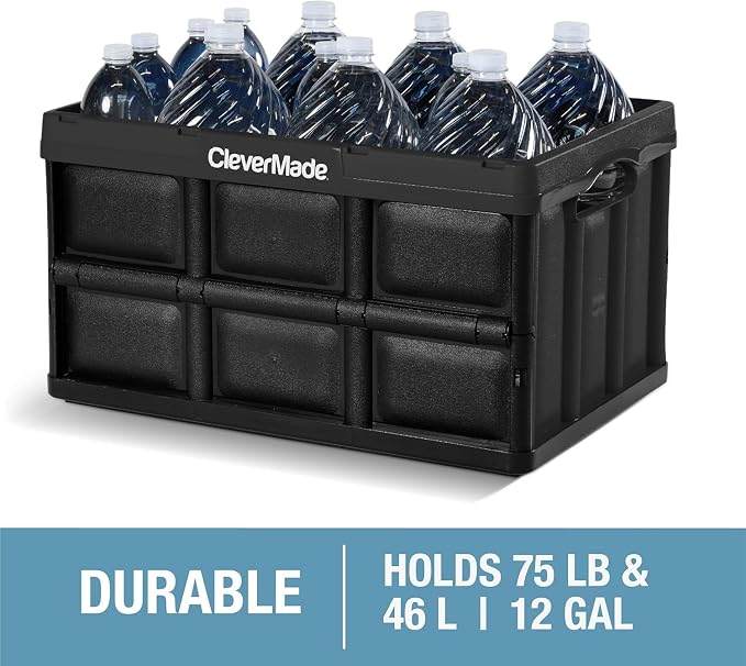 CleverMade Collapsible Storage Bins, 46L, 3 Pack, Stone | Each bin supports 75 lb for groceries, tools, or gear. Interlocking bases stack securely, and the bins fold to 2.75 inches. - Image 6