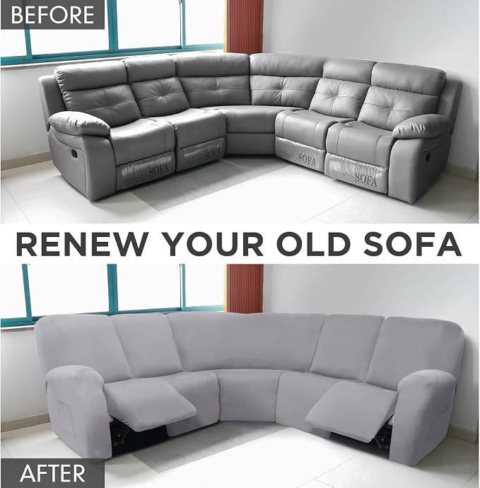 Peryiter 7 Pcs L Shape Sectional Recliner Sofa Covers 5 Seat Sectional Couch Covers Milk Silk Velvet Stretch Reclining Sofa Slipcover Furniture Protector for Living Room(Light Gray,Milk Silk) - Image 4