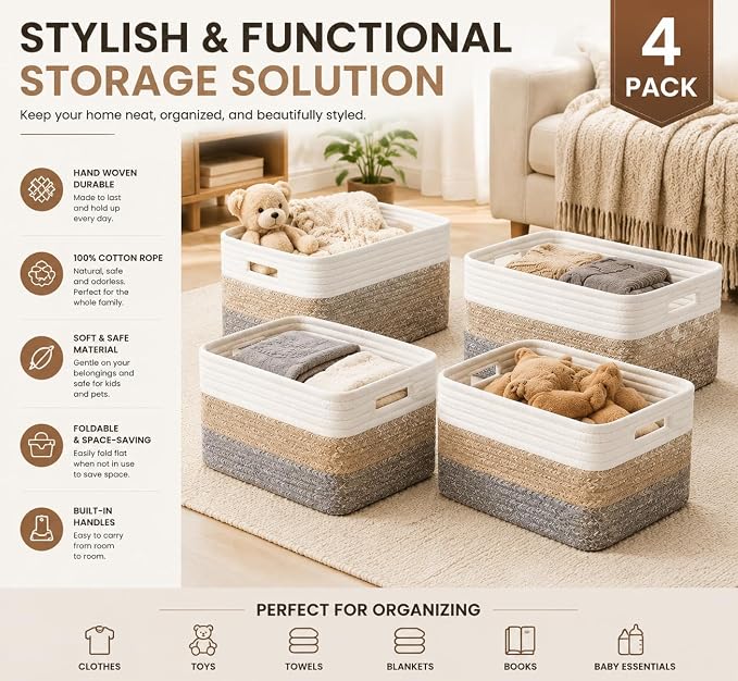 4 sets of hand-woven cotton rope storage boxes, suitable for toys, books, clothes, bathrooms, and car trunks used for organizing and decoration, Two 16x14x7 in and two 14x10x7 in - Image 3