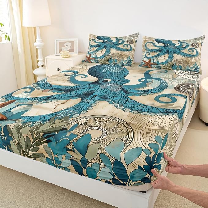 Octopus Bedding Ocean Bed Sheet Set Teal Mystic Kraken Mediterranean Style Design Teal Animal Bedding Sets Octopus Kids Sheet Set for Full Size Skull Fitted Sheet and Flat Sheet,Marine 2 Pillowcases - Image 3