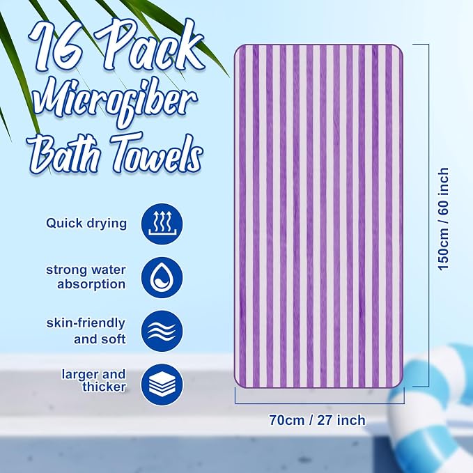 SmoothNovelty 16 Pack Microfiber Bath Towels Bulk 27'' x 60'' Oversized Size Bath Towel Highly Absorbent Extra Large Soft Drying for Beach Shower Summer Salon Sport Gym Party (Purple,Wide Stripes) - Image 2
