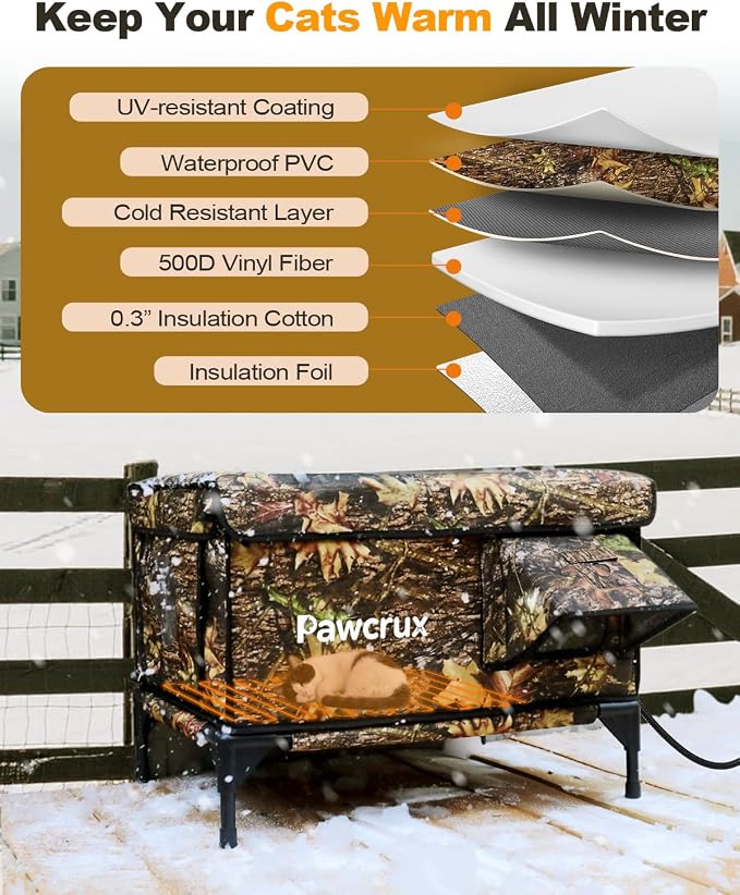 Weatherproof Heated Cat House for Outdoor in Winter, Heated Cat Bed Kitty Shelter with Cat Heating Pad, Insulated & Safe Escape Door, Warm House for Outside Stray Cat (Leaf Color, 12"x16"x16") - Image 5