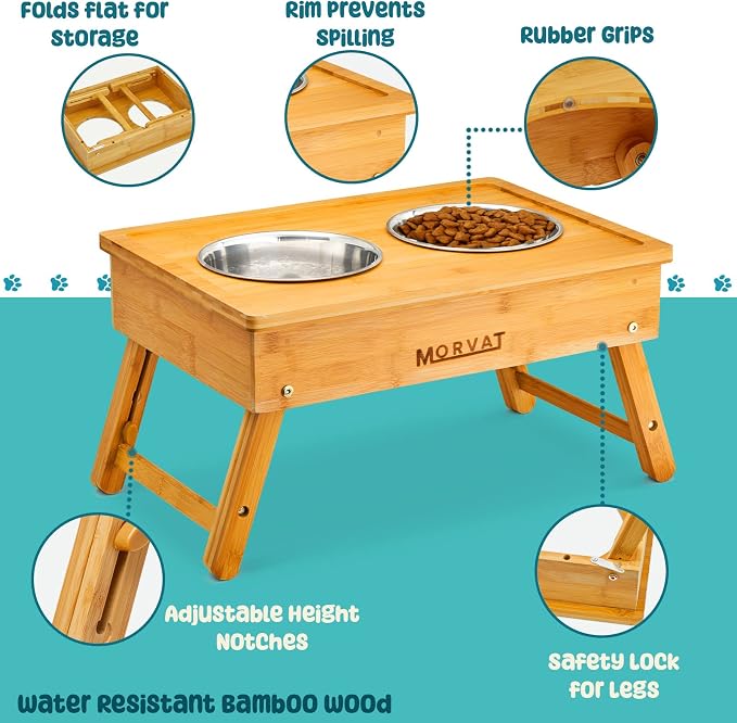 Morvat Raised Bamboo Wood Double Pet Feeder, Adjustable to 3 Heights, Elevated Feeding Station Stand for Small Medium & Large Dogs Puppies & Cats, Includes 4 Stainless Steel Food & Water Dish Bowls - Image 2