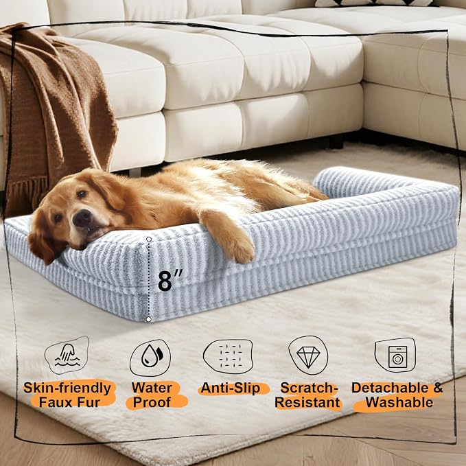 MEKIY Orthopedic XL Dog Bed with Bolster for Extra Large Size Dogs | Pillow Support for Neck Relief, Egg Crate Foam, Skin-Friendly Surface, Waterproof Liner, Anti-Slip Bottom, 42 x 30 Inch - Image 6