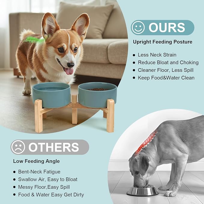 SPUNKYJUNKY Elevated Dog Bowls Ceramic, 6.1'' Dogs and Cat Food Water Bowls Raised with Non-Slip Bamboo Stand for Medium Sized Breed Microwave Dishwasher Safe - 28.7 OZ,Dark Green - Image 3